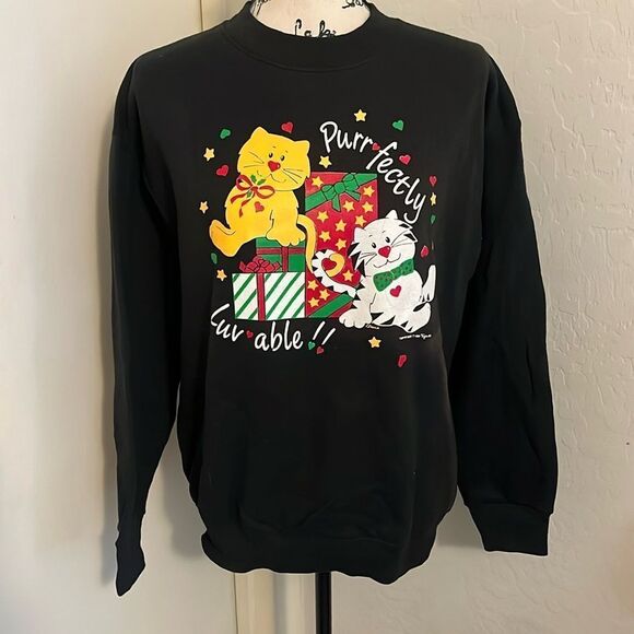 Vintage Cat Christmas Purrfectly Luvable Black Graphic Pullover Sweatshirt - Picture 1 of 9